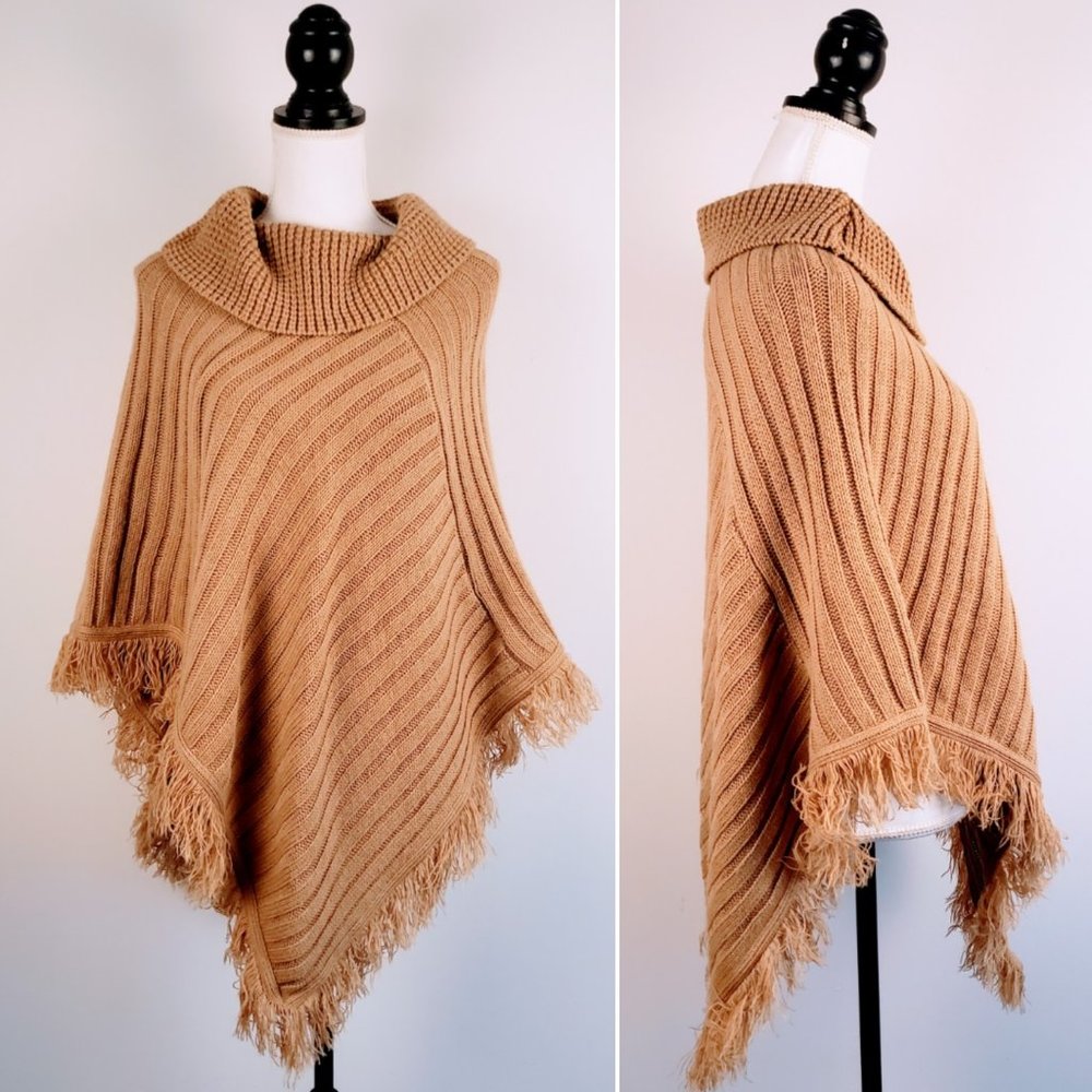 LANE BRYANT Poncho Sweater, Tan 100% Acrylic Fringe Hem Cowl Neck Boho Career 14